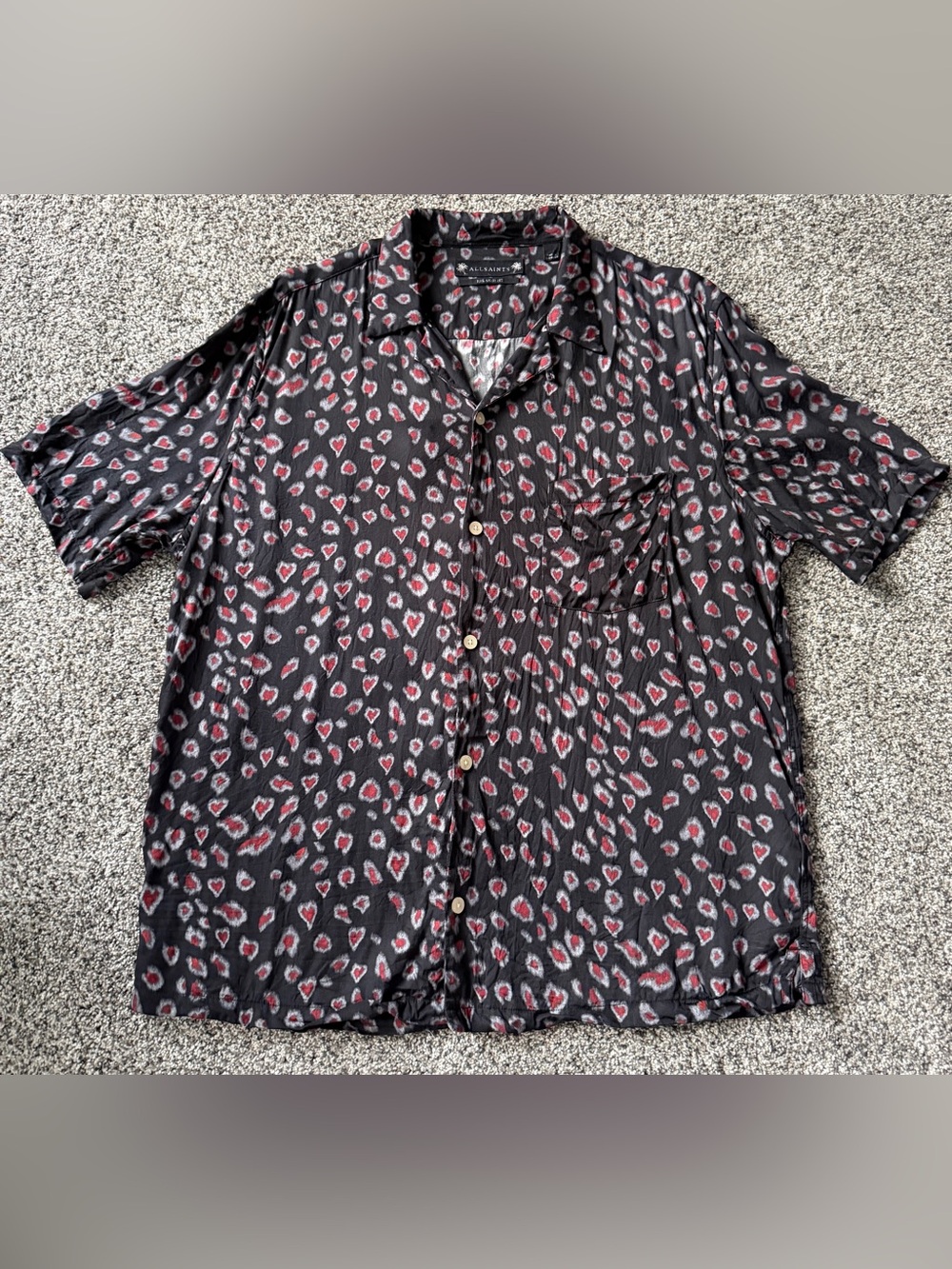 All Saints Black Short Sleeve Button-Up Shirt with Red Spot Print